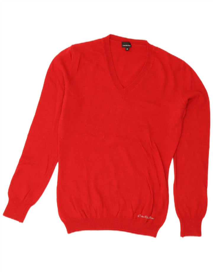 Calvin Klein Jeans Suéter con cuello en V para mujer UK 12 Lana roja mediana