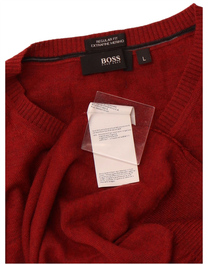 HUGO BOSS Jersey de corte estándar con cuello en V para hombre de lana virgen roja grande