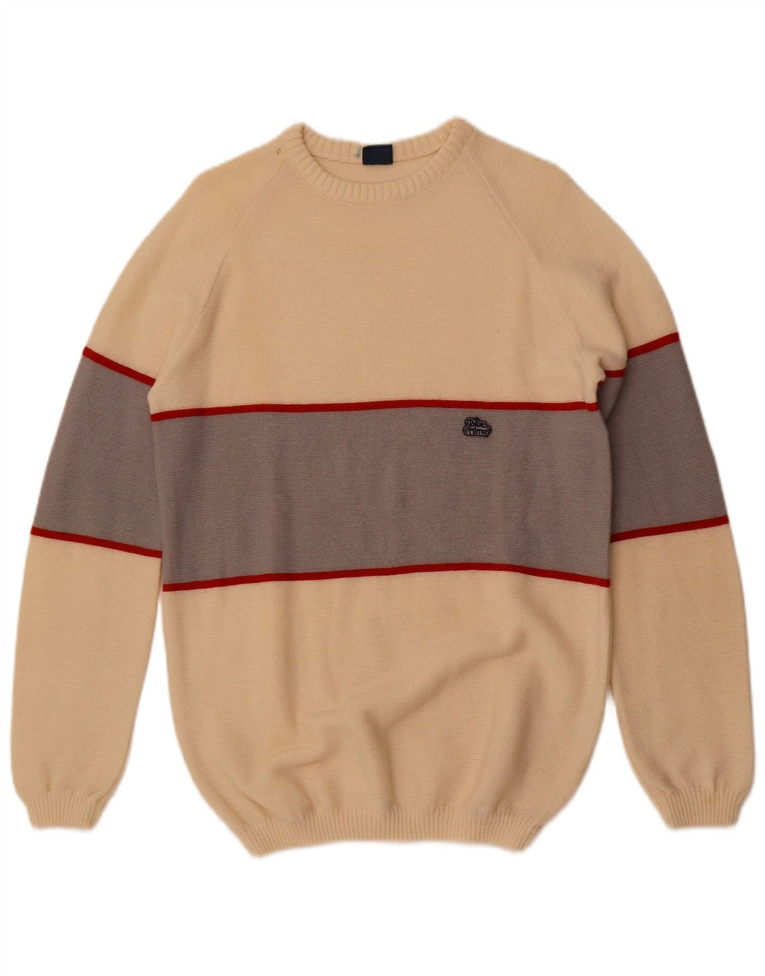Vintage hombres cuello redondo jersey suéter pequeño off blanco colorblock lana