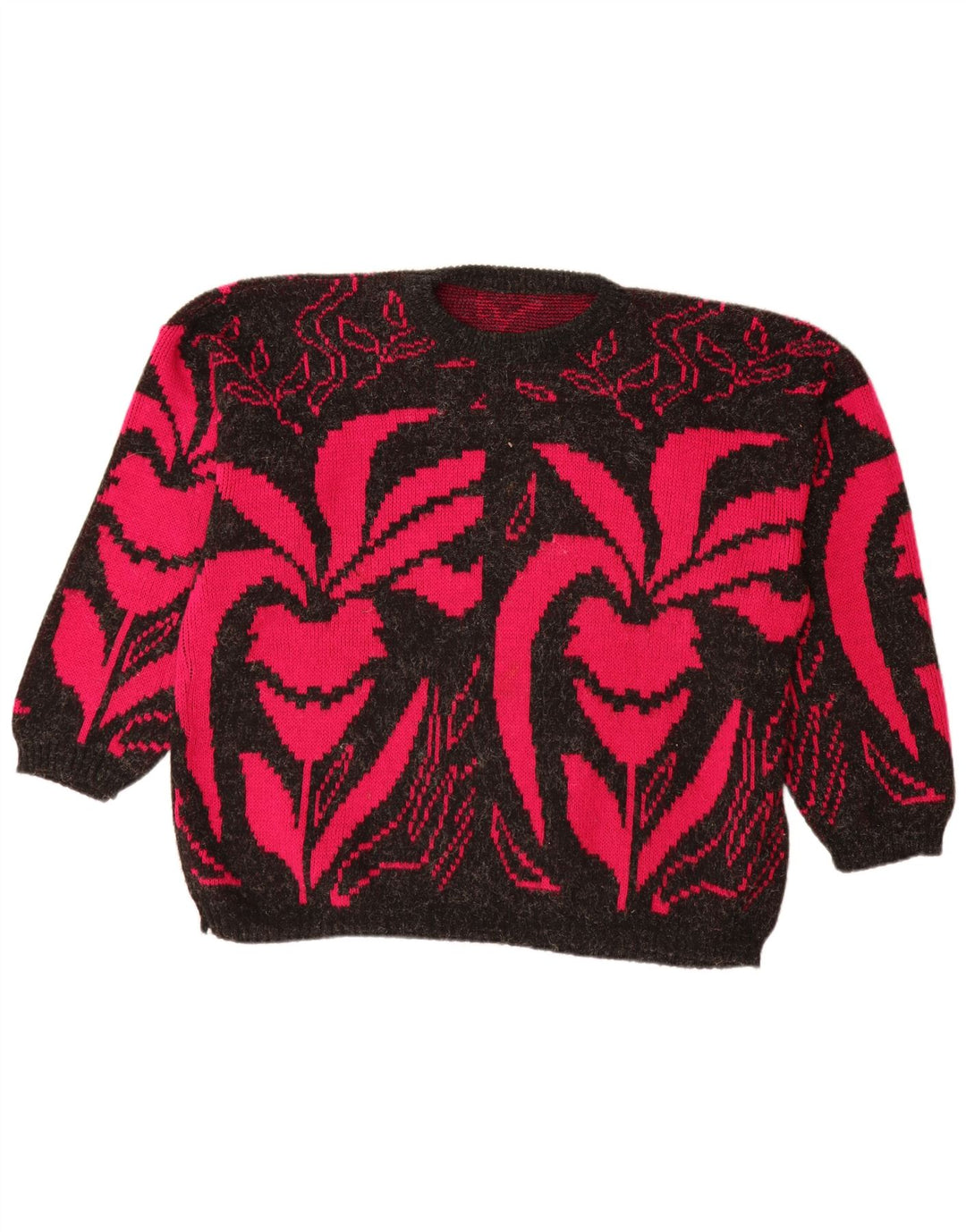 VINTAGE Mujer Barco Cuello Jersey Suéter Reino Unido 20 2XL Negro Floral Acrílico