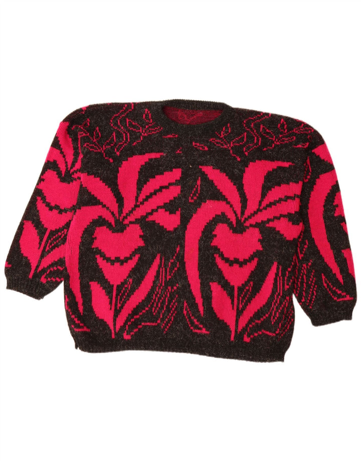 VINTAGE Mujer Barco Cuello Jersey Suéter Reino Unido 20 2XL Negro Floral Acrílico