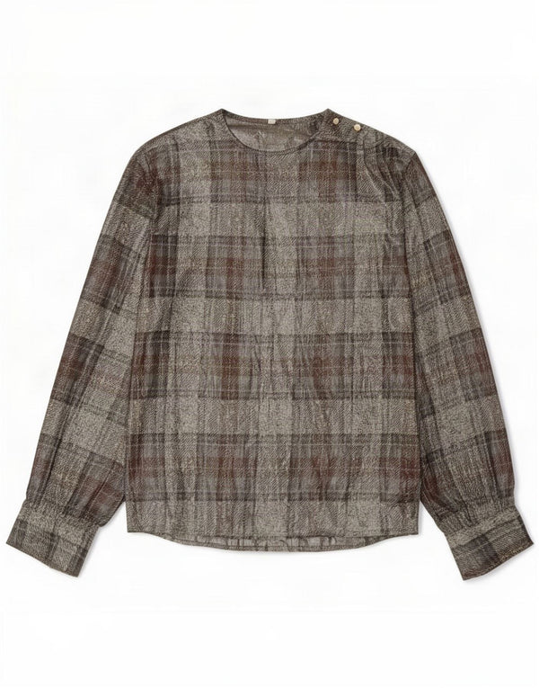 Blusa vintage de manga larga para mujer EU 42 Seda a cuadros gris grande