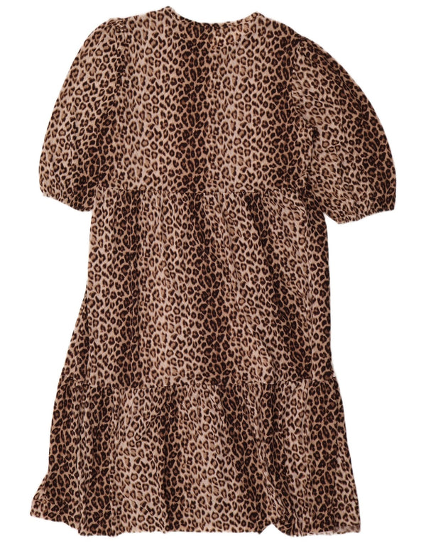 Zara Vestido largo de manga 3/4 para mujer UK 46 Grande Marrón Estampado animal Poliéster