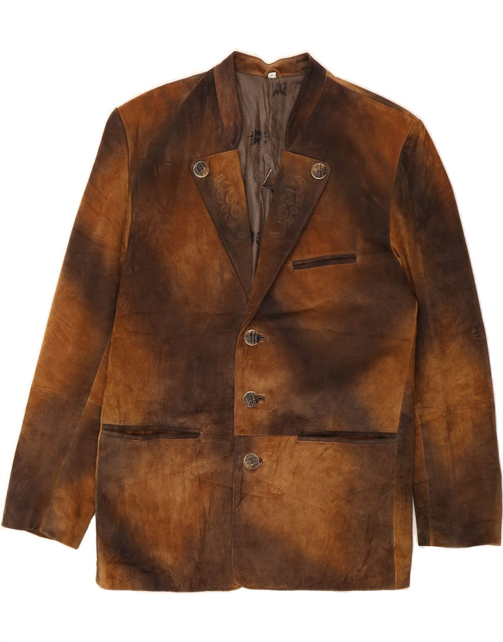 VINTAGE Chaqueta Blazer de 3 Botones para Hombre IT 48 Cuero Tie Dye Marrón Medio