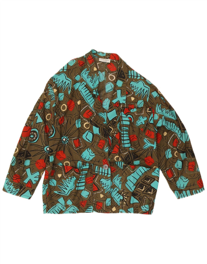 Vintage mujer patrón abstracto 1 botón Blazer chaqueta Reino Unido 14 grande caqui