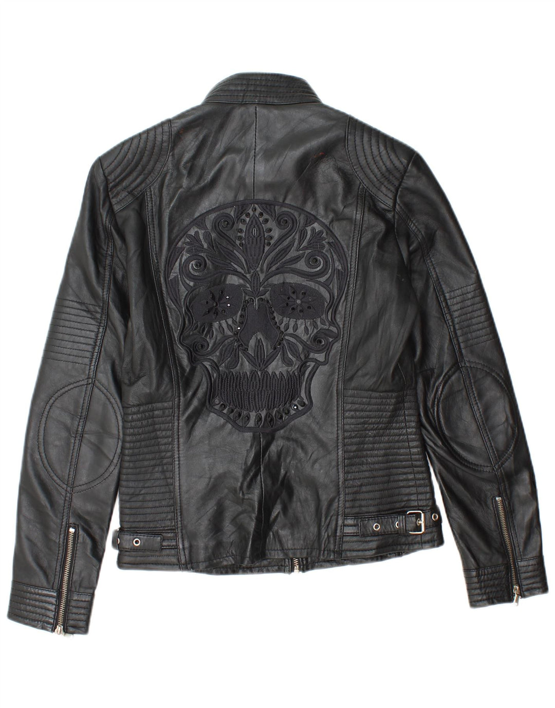 Vintage mujer gráfico cuero biker chaqueta EU 38 cuero negro medio