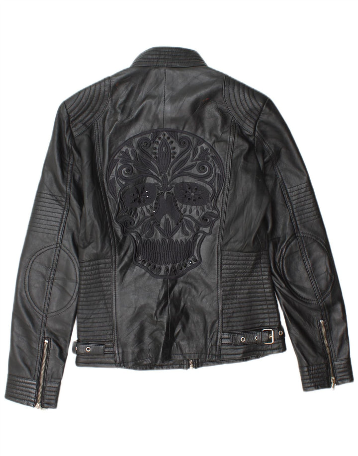 Vintage mujer gráfico cuero biker chaqueta EU 38 cuero negro medio