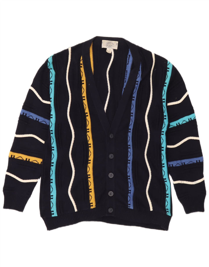 Vintage hombres Cardigan suéter medio azul marino rayas algodón
