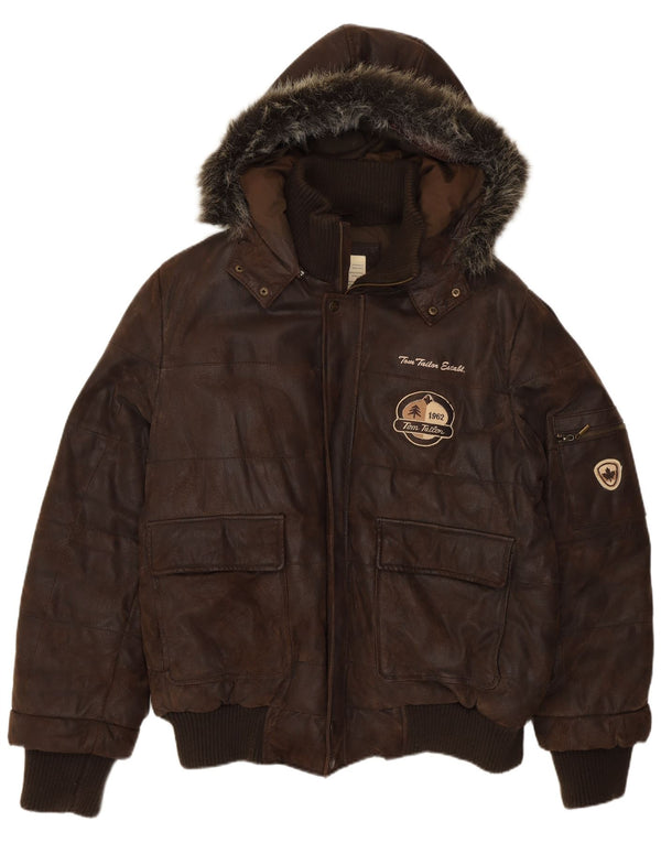 Tom Tailor Chaqueta bomber de cuero con estampado gráfico para hombre UK 40 Large Cuero marrón