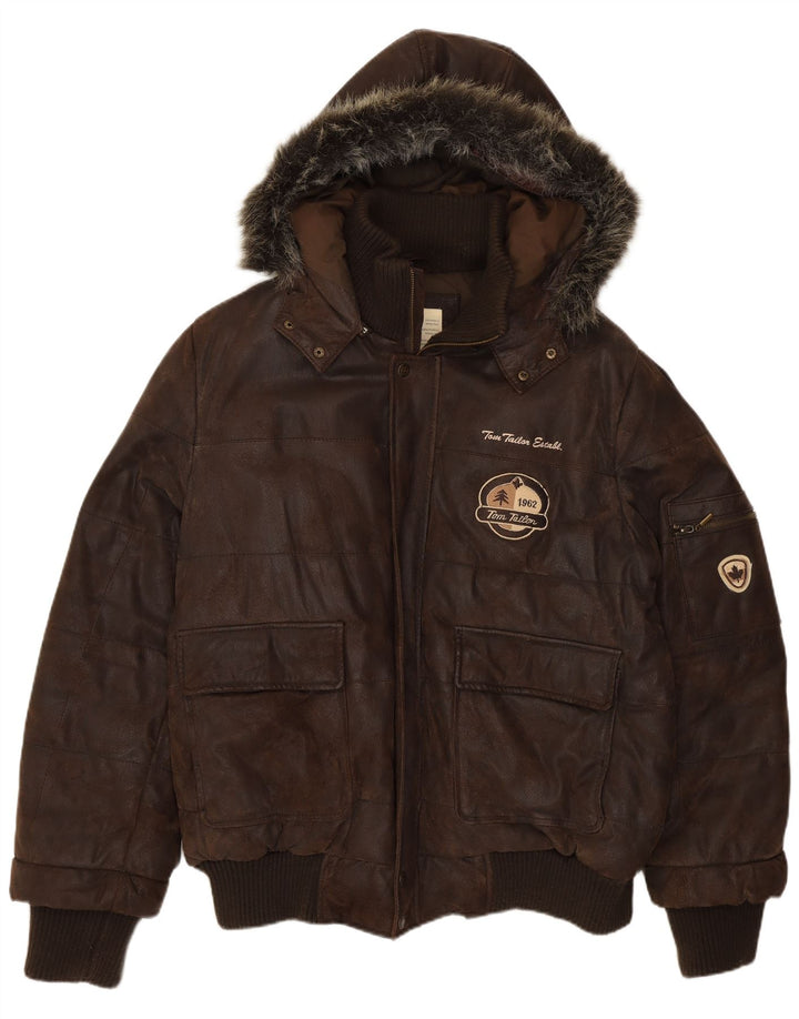 Tom Tailor Chaqueta bomber de cuero con estampado gráfico para hombre UK 40 Large Cuero marrón