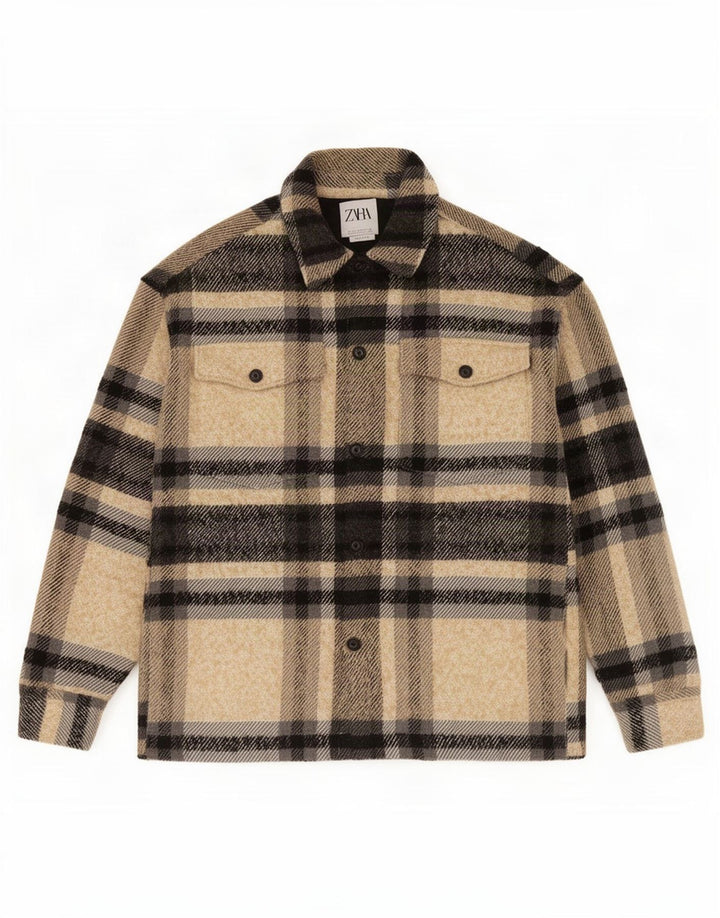 Zara Mens Utility Jacket UK 40 Large Beige Check Poliéster