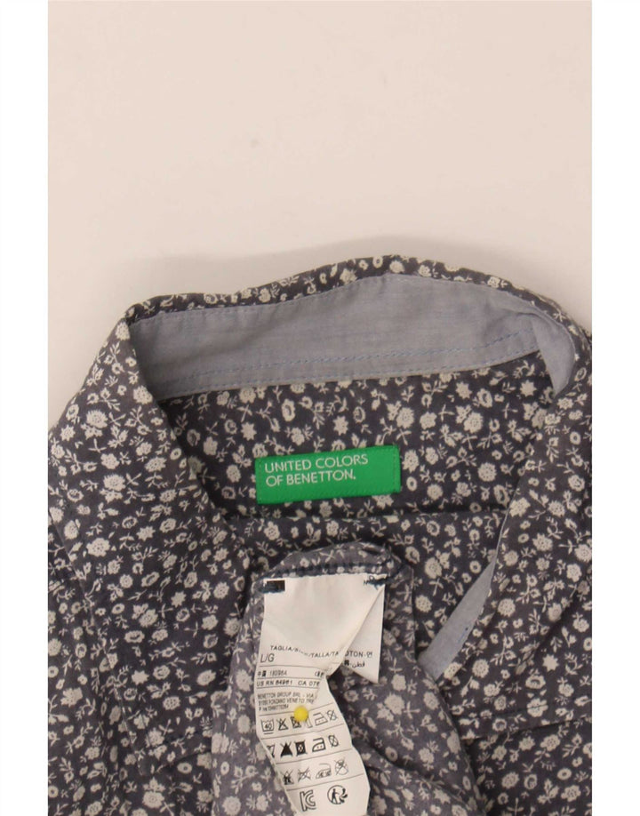 Benetton Hombre Camisa Grande De Algodón Floral Azul