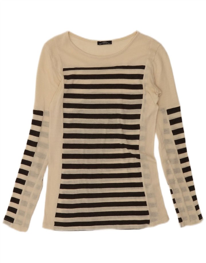 Zara Mujer Top Manga Larga UK 8 Small Beige Rayas