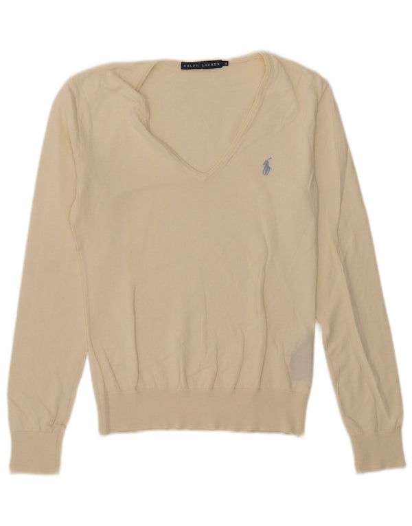 Ralph Lauren suéter con cuello en V para mujer Reino Unido 12 mediano de algodón blanco roto