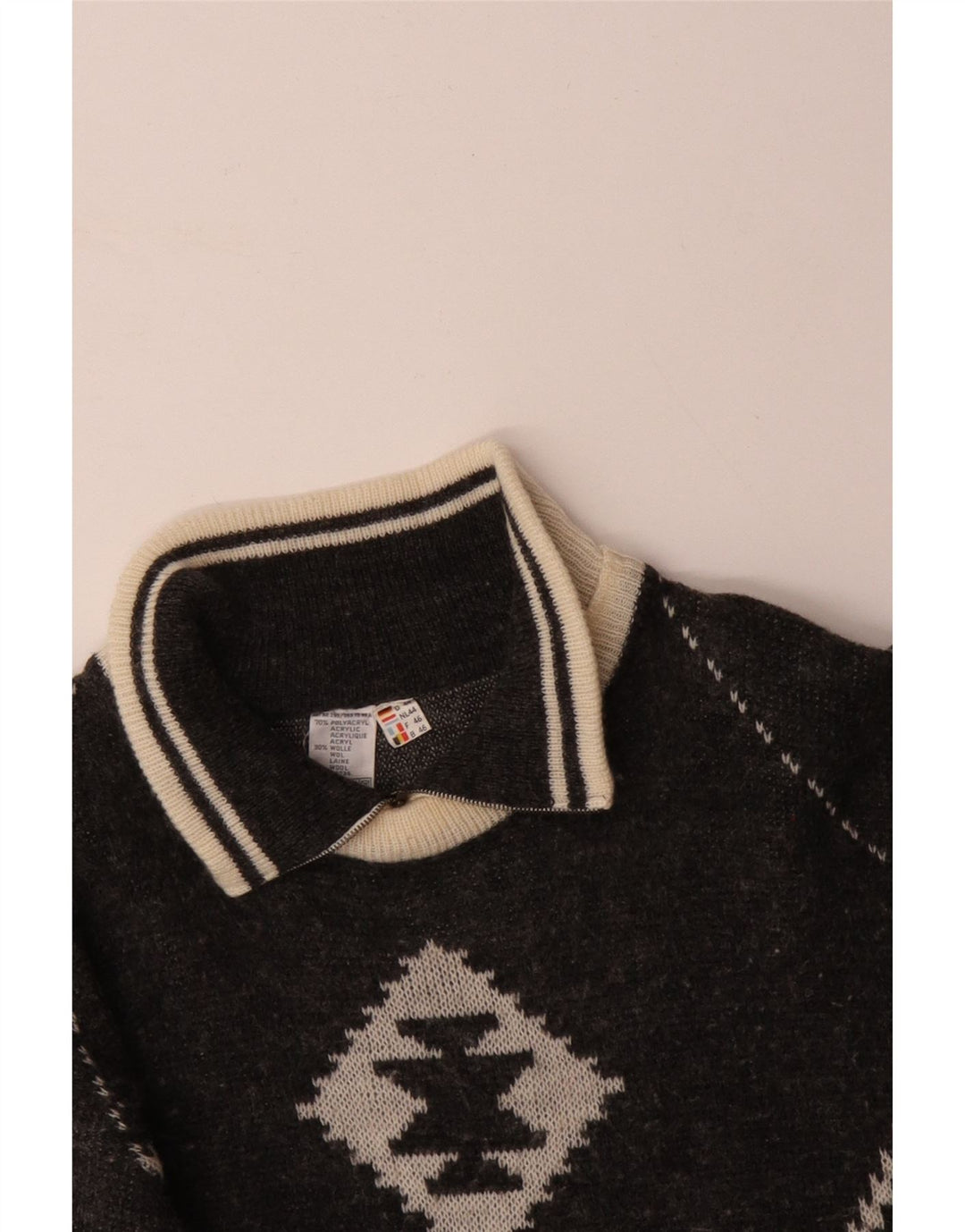 VINTAGE Hombres Zip Neck Jumper Suéter IT 46 Pequeño Negro Fair Isle