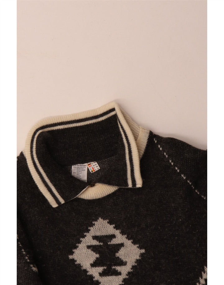 VINTAGE Hombres Zip Neck Jumper Suéter IT 46 Pequeño Negro Fair Isle