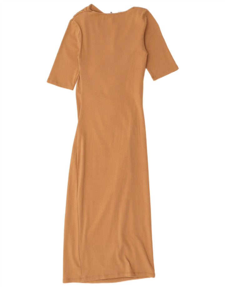 Zara Mujer Maxi Vestido UK 8 Pequeño Algodón Beige