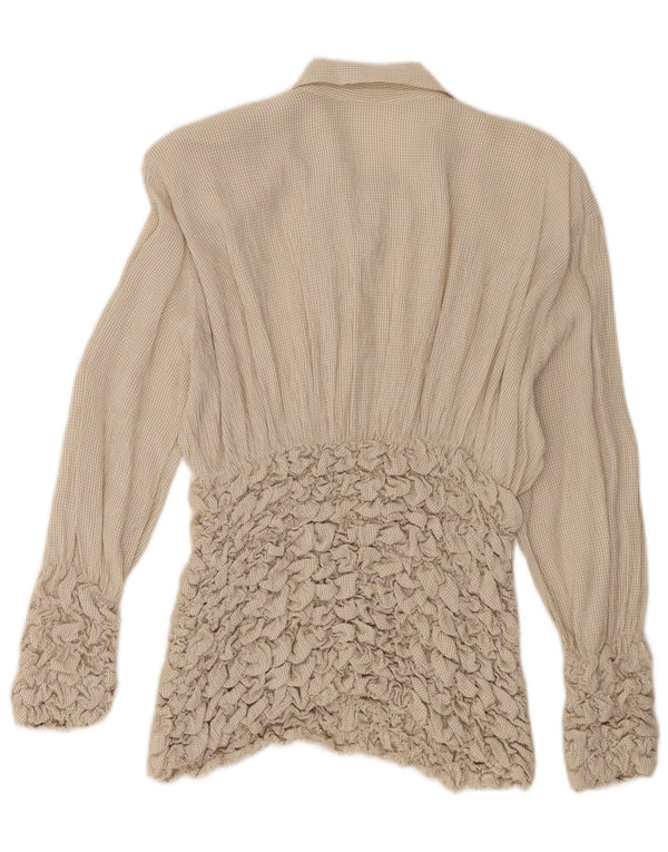 Vintage mujer manga larga blusa Top Reino Unido 10 pequeño beige comprobar acetato