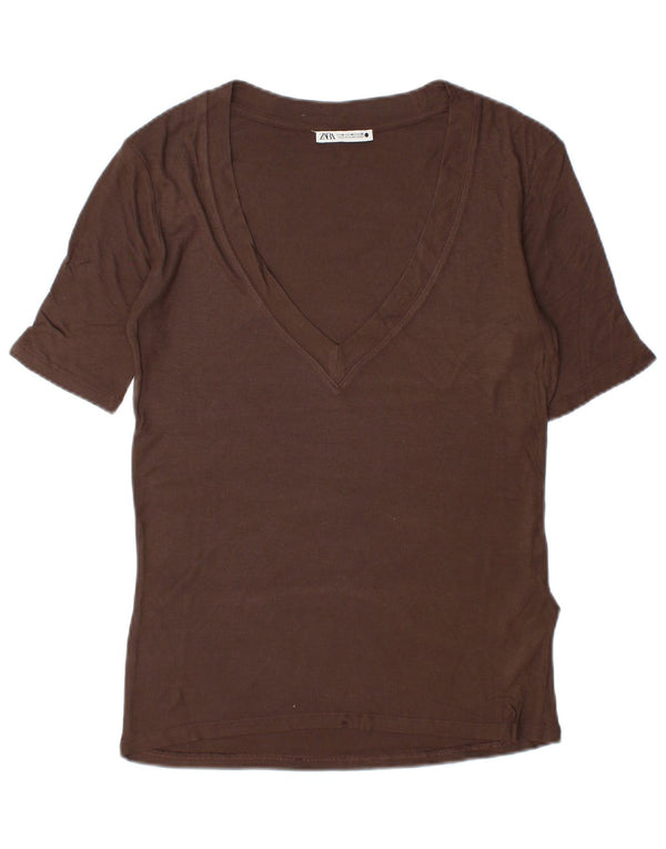Zara Mujer Camiseta Top UK 44 Viscosa Marrón Medio