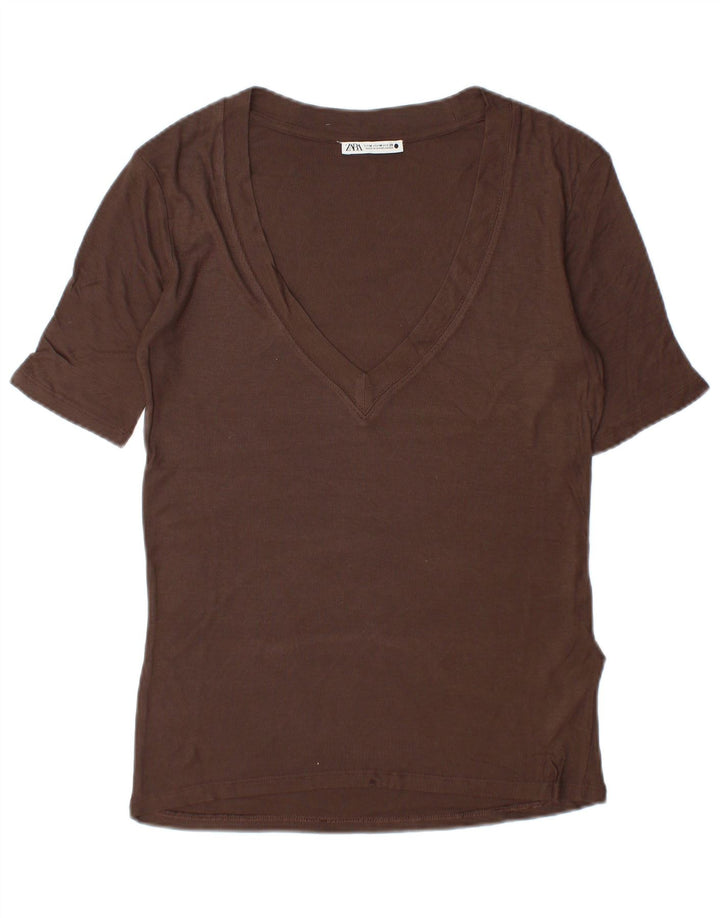 Zara Mujer Camiseta Top UK 44 Viscosa Marrón Medio