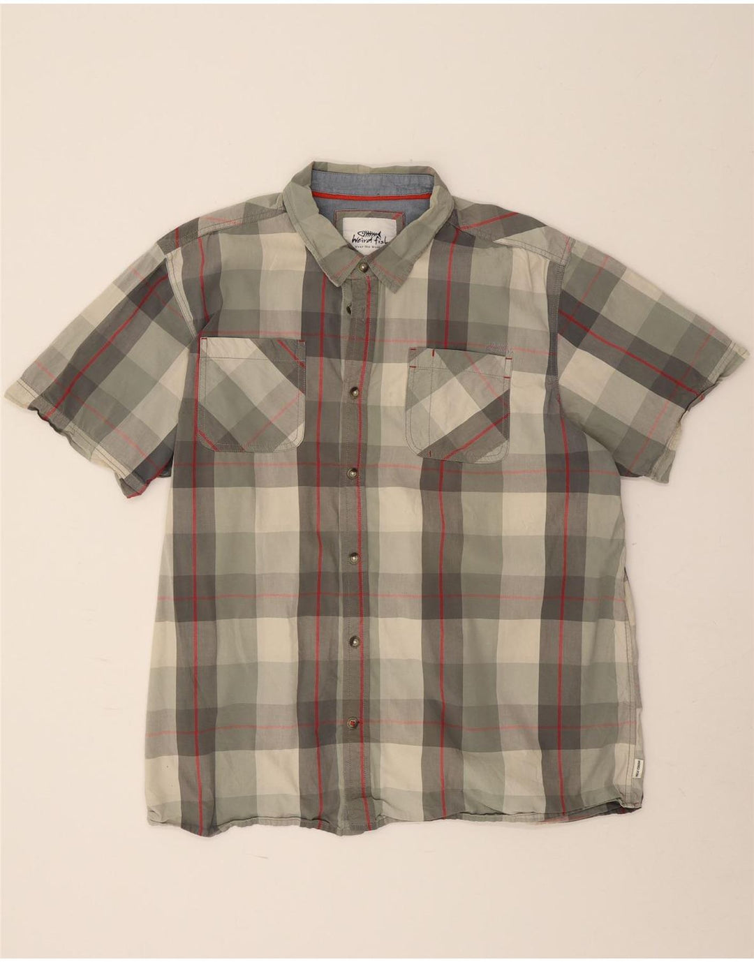 Weird Fish Camisa de manga corta para hombre, talla 3XL, algodón a cuadros caqui