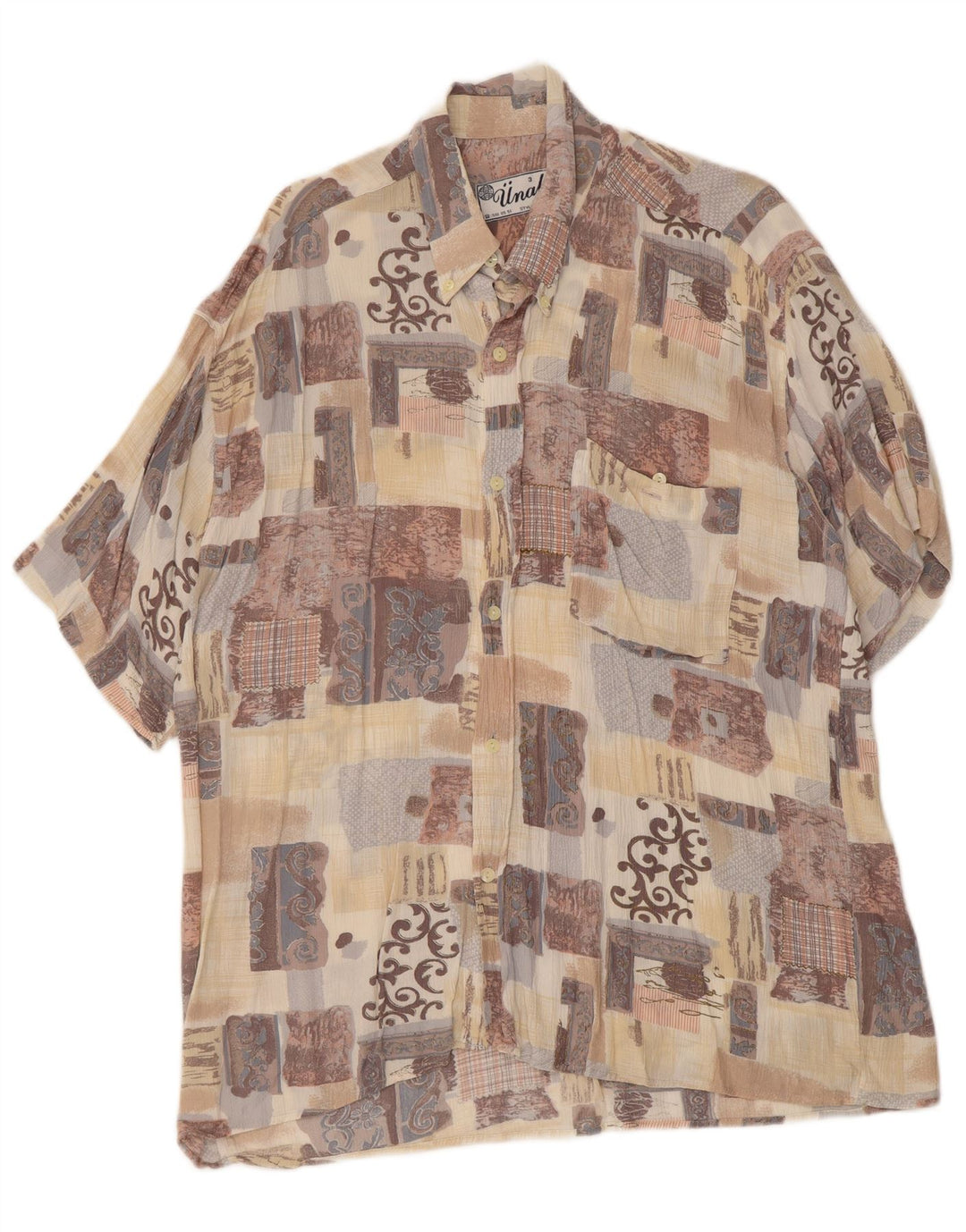 Vintage hombres camisa de manga corta gran patchwork beige