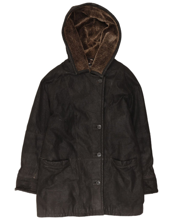 Leather Sound Abrigo de piel de oveja con capucha para mujer EU 44 XL Black Leather Winter