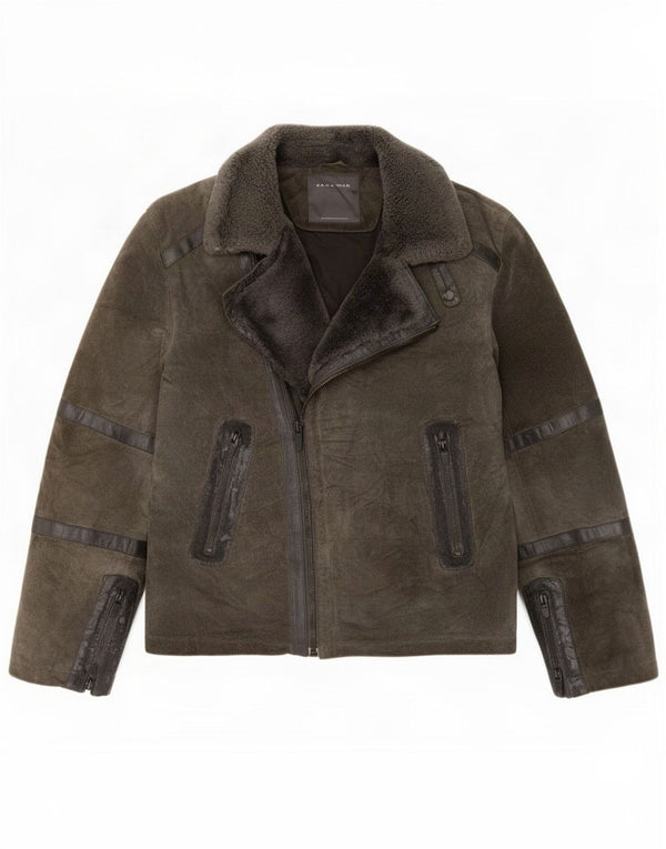 Zara - Chaqueta motera de ante para hombre, talla 40, color caqui