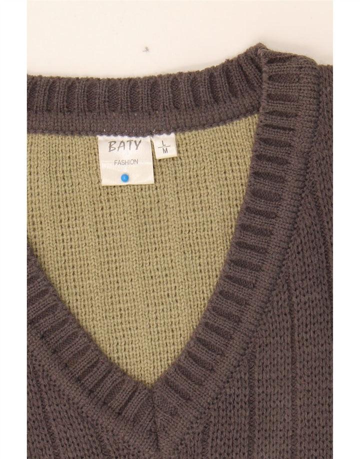 VINTAGE Mens V-Neck Jumper Sweater Medium Beige Colourblock Acrylic Vintage Vintage and Second-Hand Vintage from Messina Hembry 