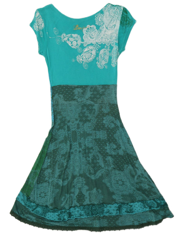 Desigual Vestido Gráfico A-Line para Mujer UK 8 Small Verde Floral Viscosa