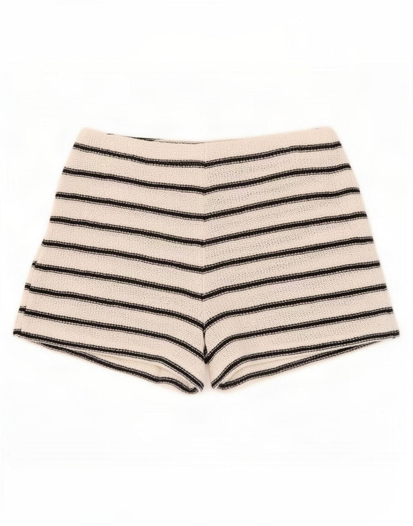 Zara Mujer Pantalones Cortos De Cintura Alta Medianos W28 Algodón A Rayas Blanco Roto