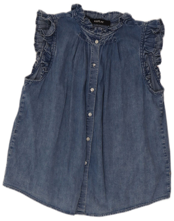 Replay Blusa vaquera de manga corta para mujer UK 44 Algodón azul medio