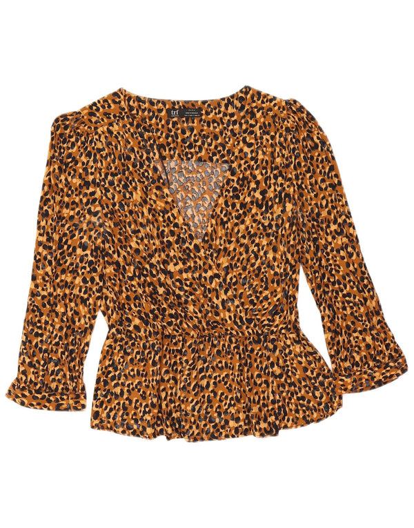 Zara Mujer Crop Blusa De Manga Larga Top UK 10 Small Marrón Estampado Animal