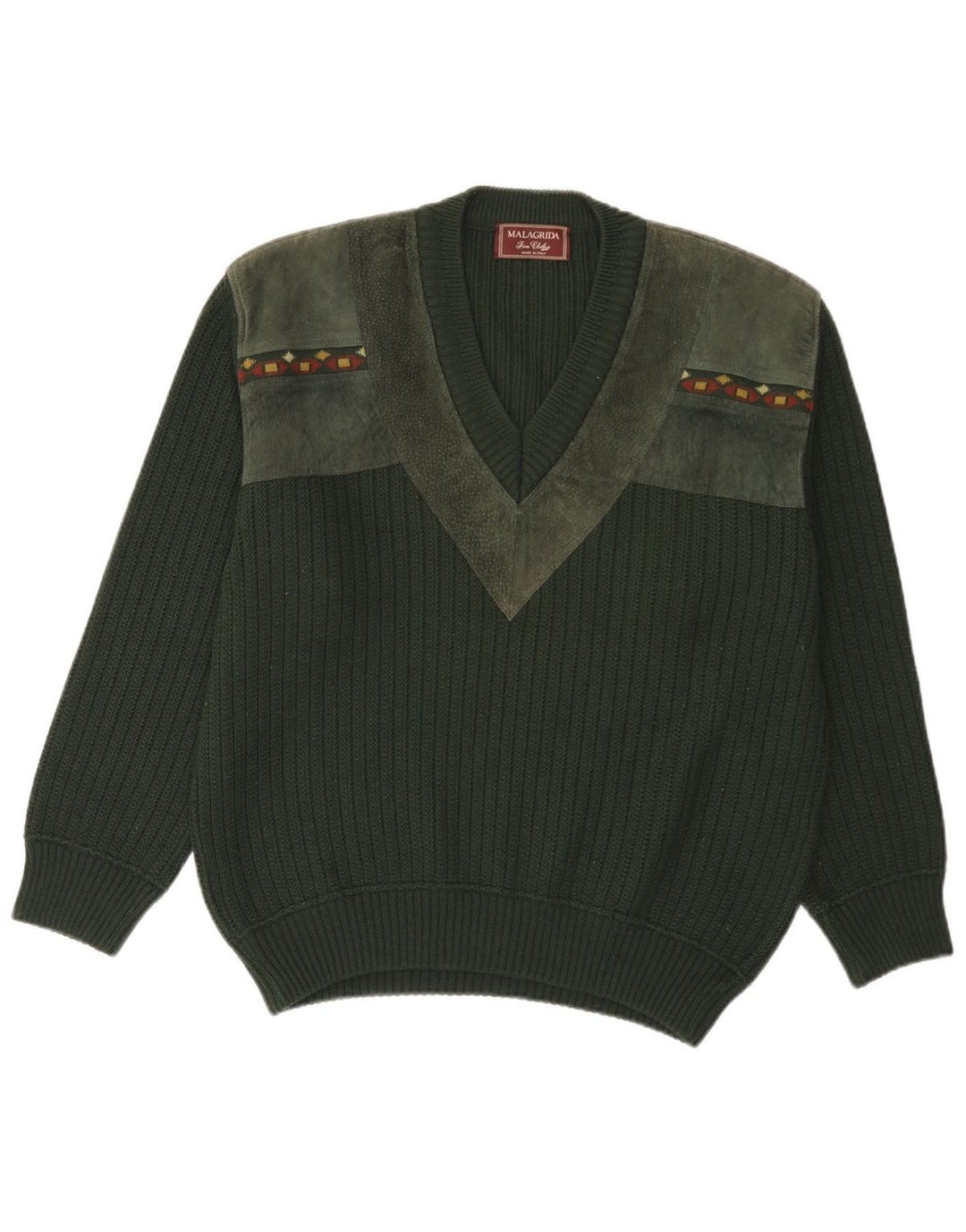 MALAGRIDA Jersey con Cuello en V para Hombre Grande Verde Geométrico Poliacrílico