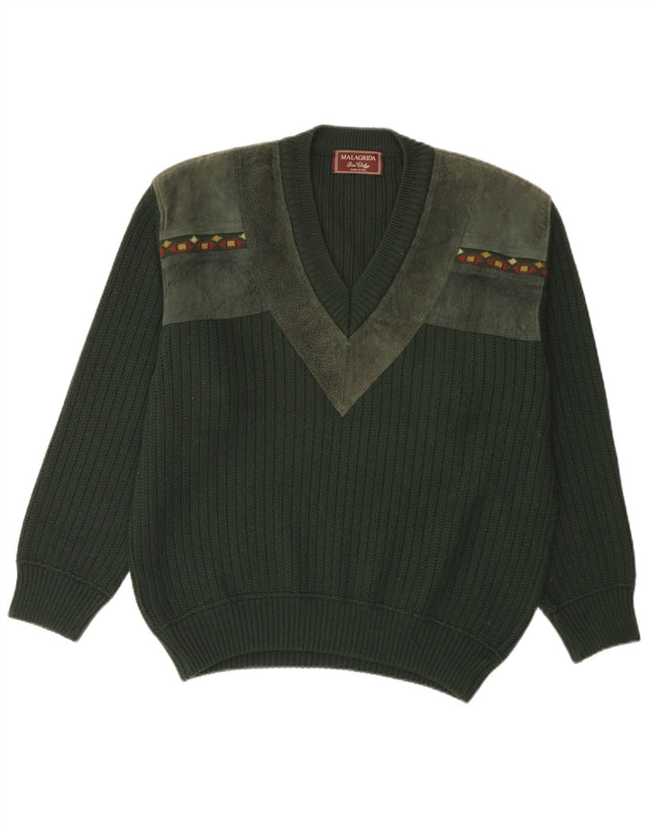 MALAGRIDA Jersey con Cuello en V para Hombre Grande Verde Geométrico Poliacrílico