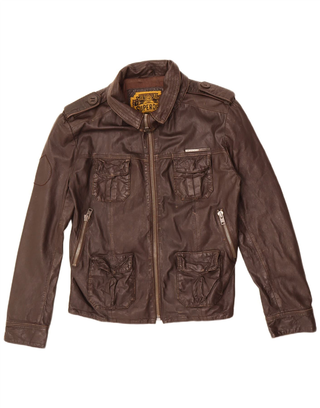 Superdry Chaqueta de cuero militar para hombre UK 42 XL Cuero marrón