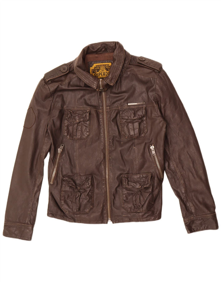 Superdry Chaqueta de cuero militar para hombre UK 42 XL Cuero marrón