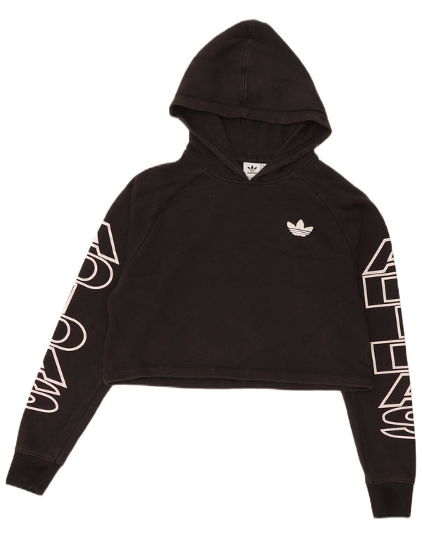 Adidas Womens Crop Graphic Oversized Hoodie Jumper UK 6 XS Black Cotton