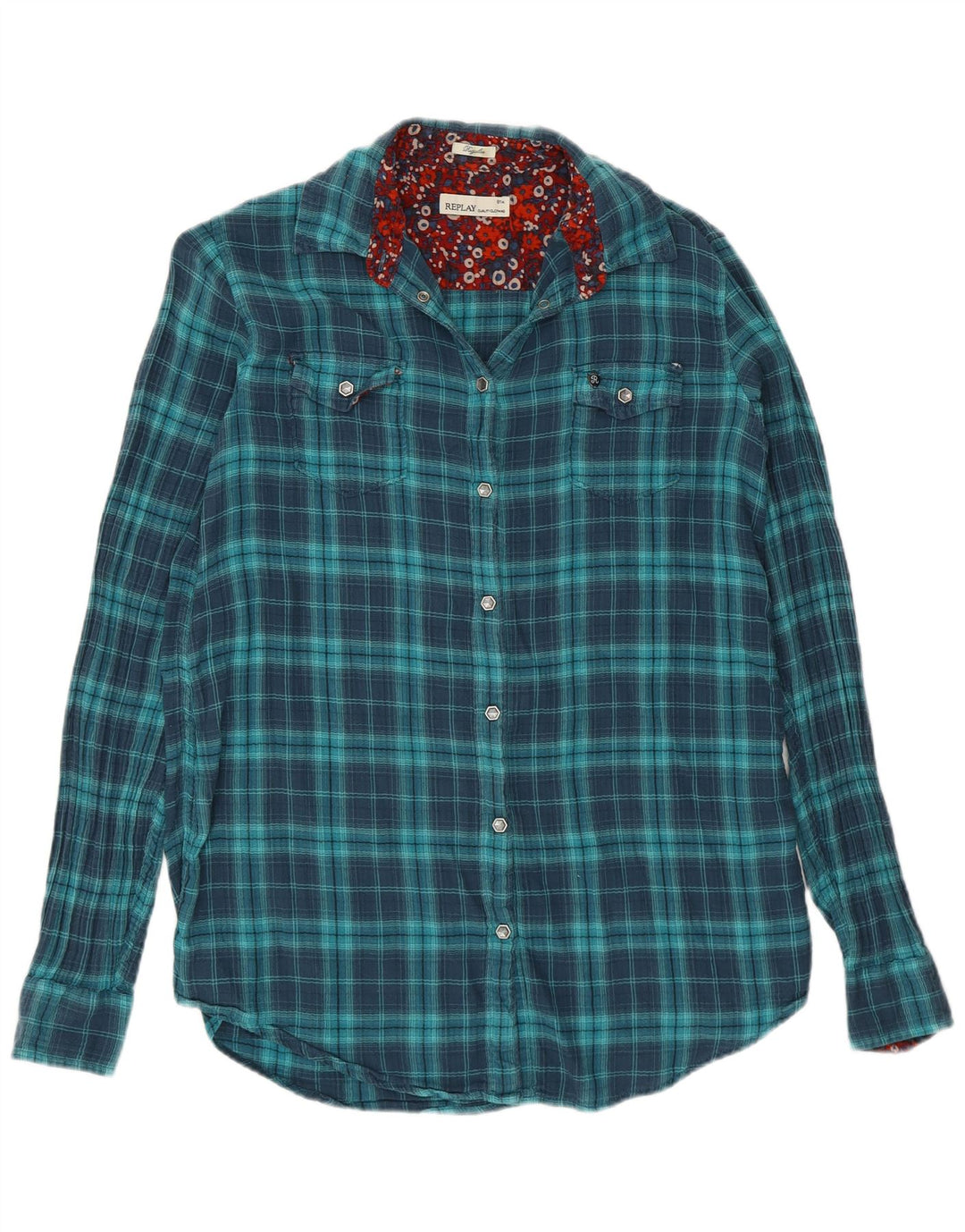 Replay Camisa de franela regular para mujer UK 40 Small Blue Check Cotton