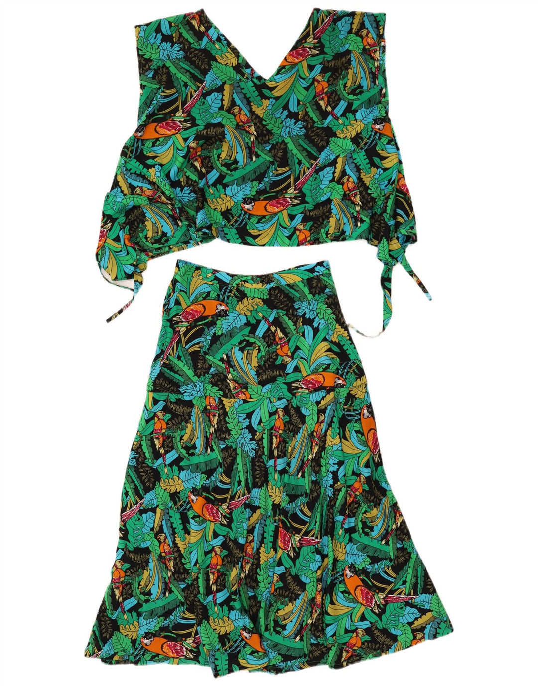 Vintage mujer 2 piezas falda conjunto medio W26 verde floral hawaiano