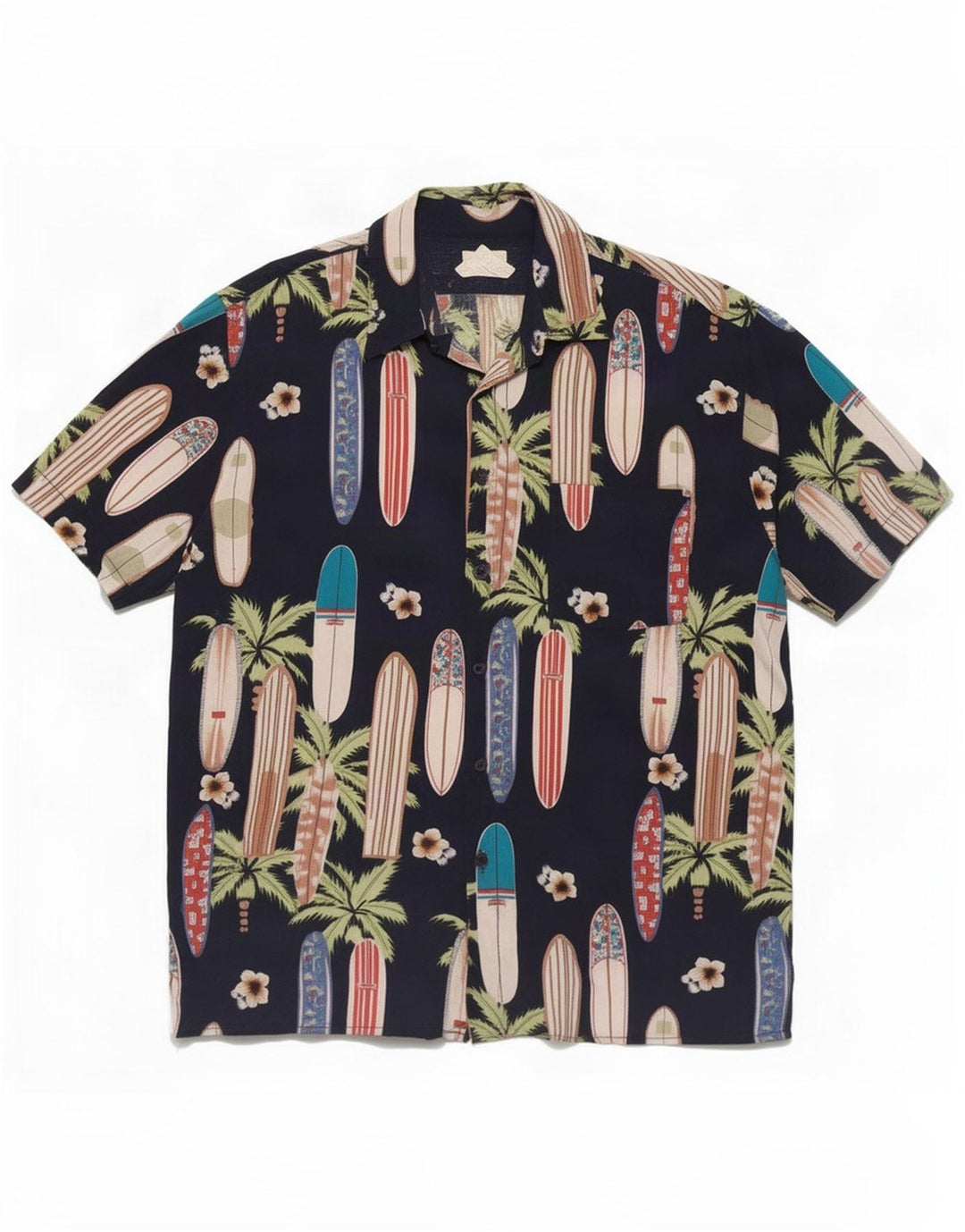 Vintage hombres patrón abstracto camisa de manga corta grande azul marino rayón