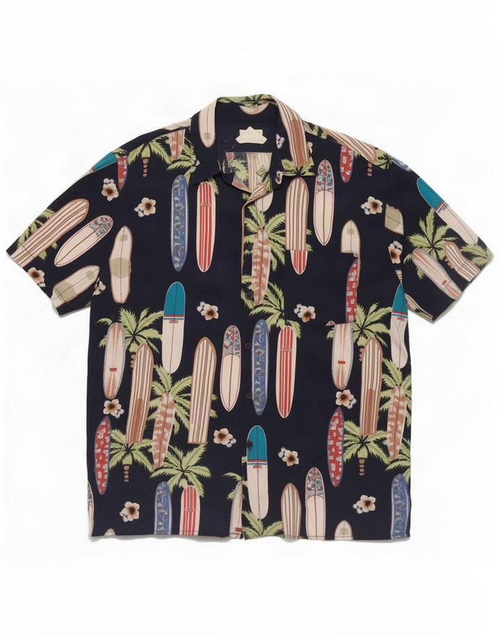 Vintage hombres patrón abstracto camisa de manga corta grande azul marino rayón