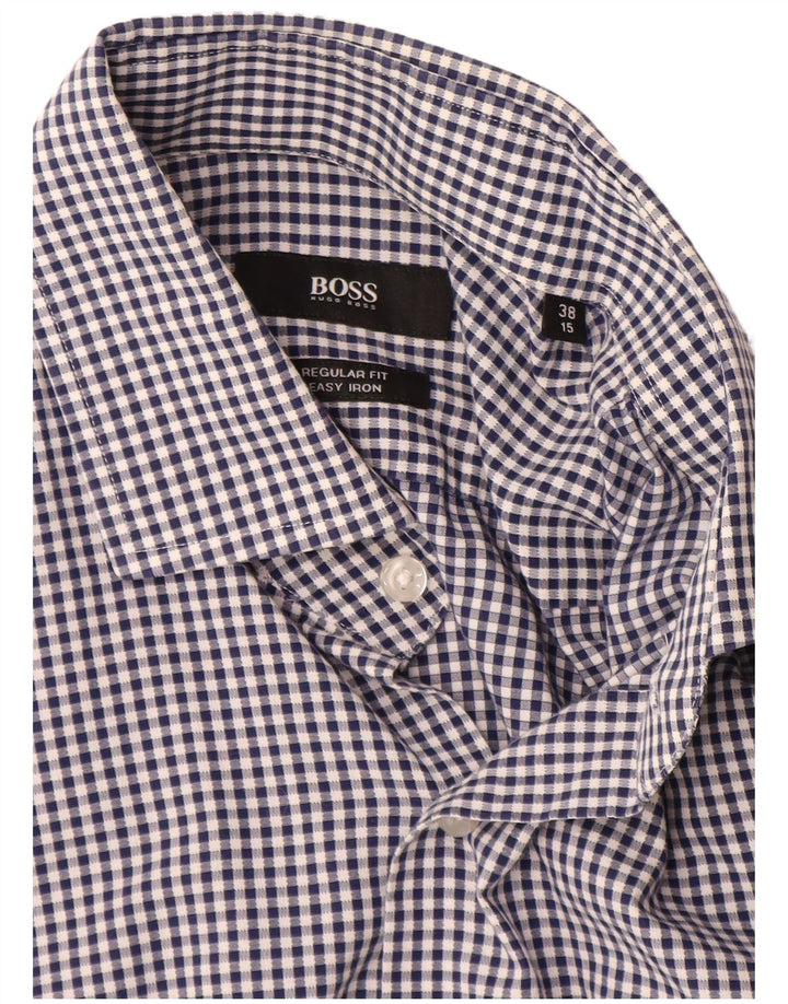 Hugo Boss Camisa de corte regular para hombre Talla 38 15 Algodón a cuadros azul marino mediano