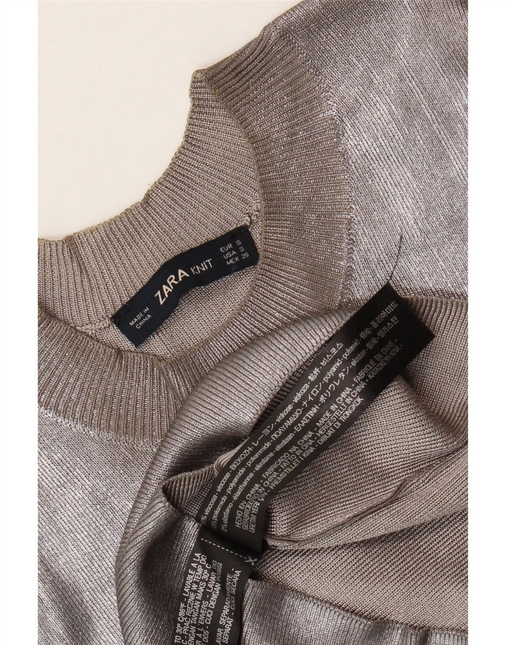 Zara Mujer Top Manga Larga UK 8 Small Gris Viscosa