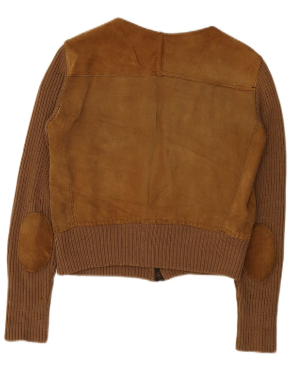 Vintage mujer crop ante chaqueta Reino Unido 14 marrón medio