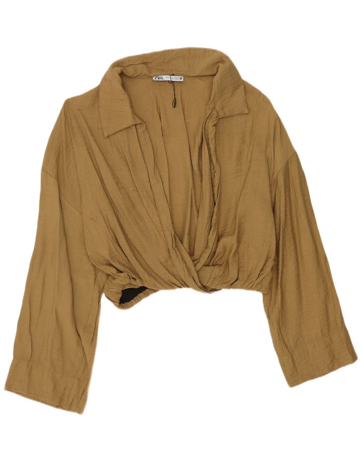 Zara Mujer Crop Blusa Top UK 46 Large Viscosa Caqui