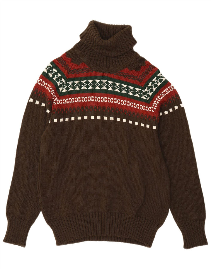 VINTAGE Hombres Roll Neck Jumper Suéter Pequeño Caqui Fair Isle