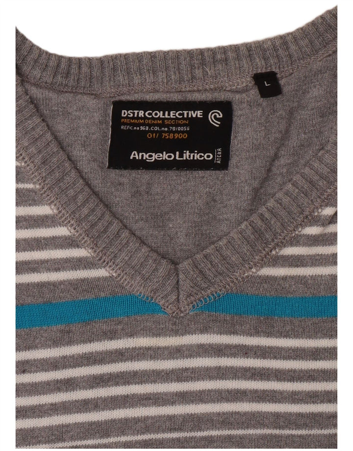 ANGELO LITRICO Suéter con cuello en V para hombre, grande, gris, a rayas
