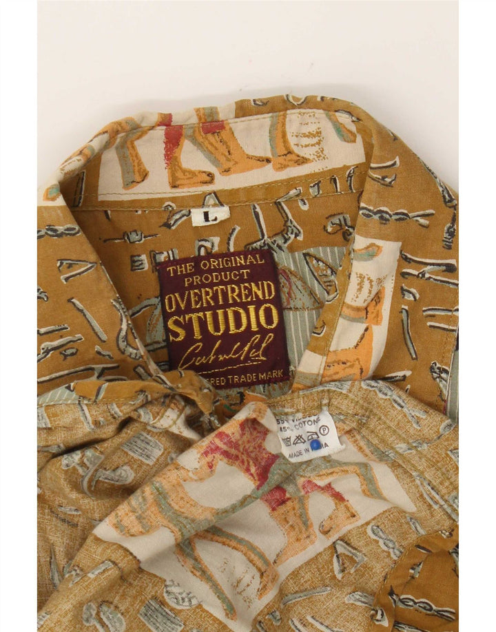 Vintage hombres gráfico manga corta camisa grande caqui patchwork viscosa