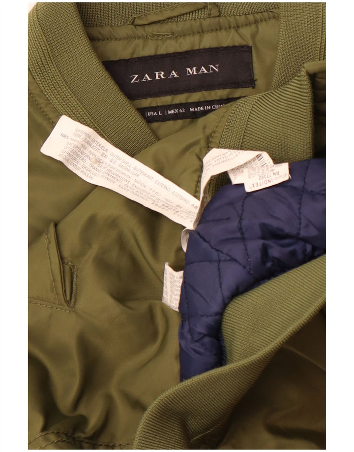 ZARA Chaqueta de aviador de vuelo con gráfico de aventura para hombre UK 40 Large Nylon verde